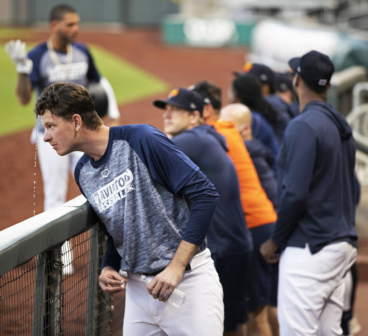 Aviators pitcher Brian Howard, left, cools off during practice at Las Vegas Ballpark on Tuesday ...