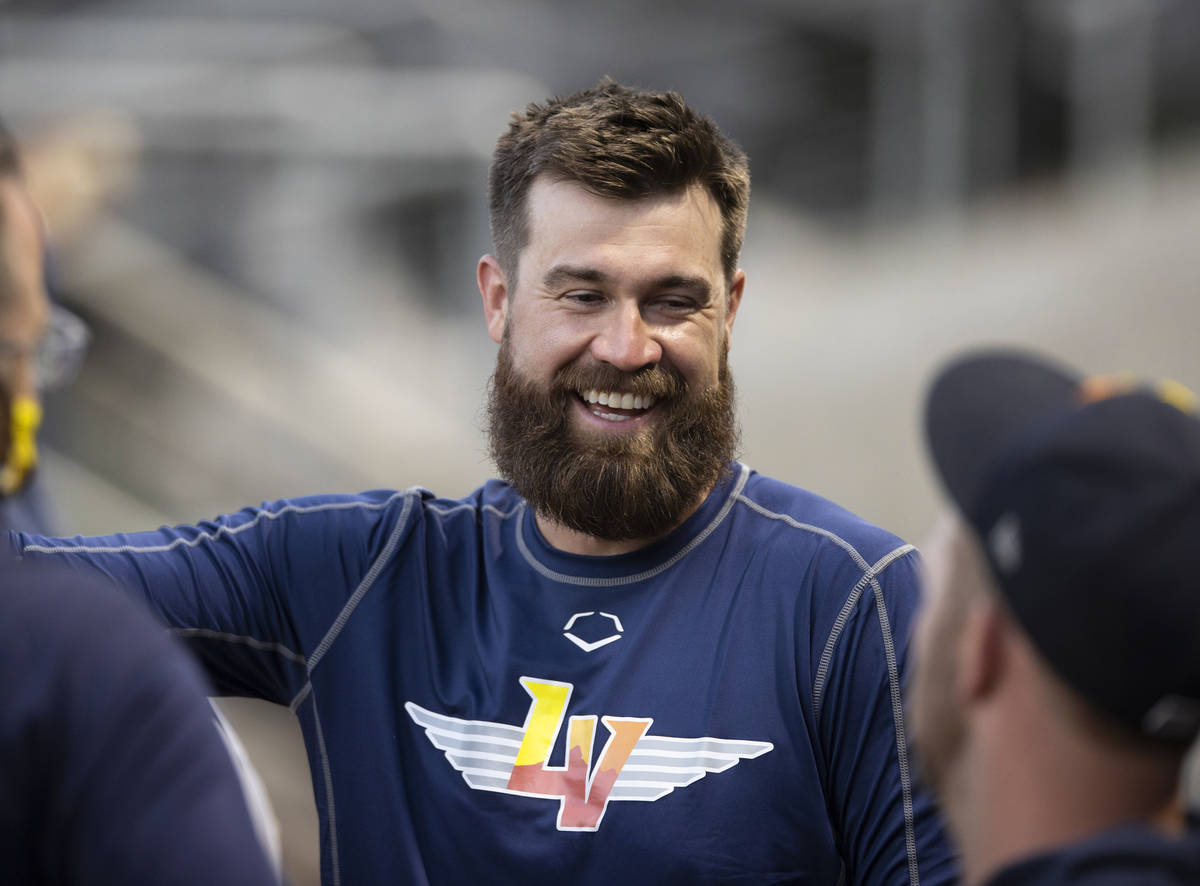 Aviators pitcher Brian Schlitter shares a laugh with teammates during practice at Las Vegas Bal ...