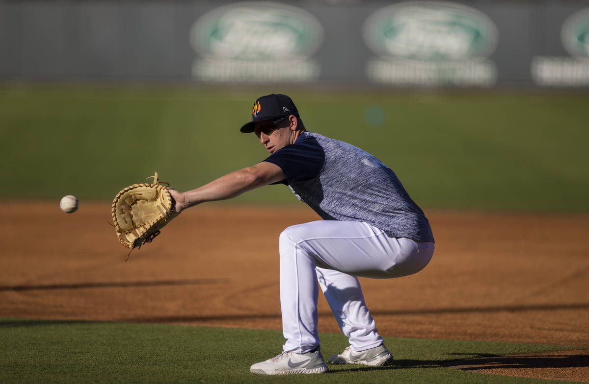 Aviators first baseman Frank Schwindel fields a ground ball during practice at Las Vegas Ballpa ...
