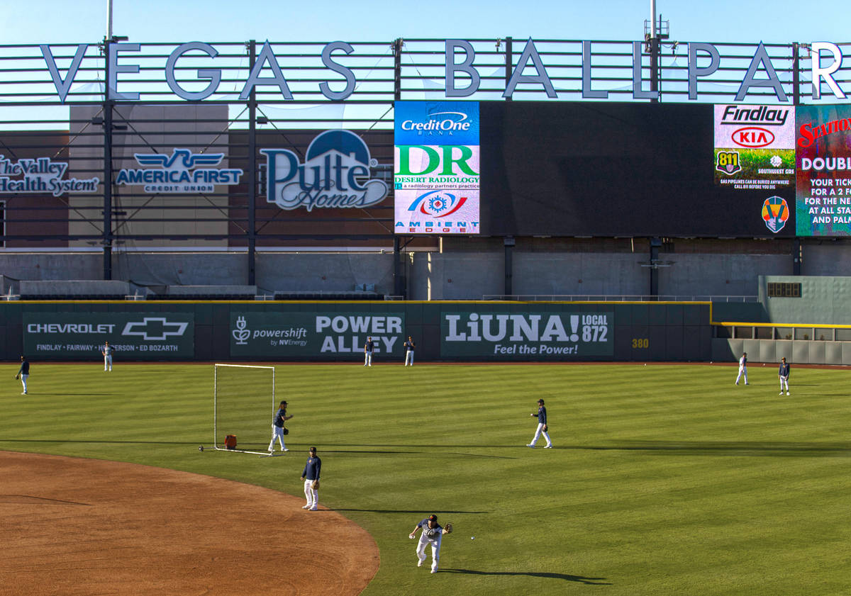 Aviators players run through drills during practice at Las Vegas Ballpark on Tuesday, May 4, 20 ...