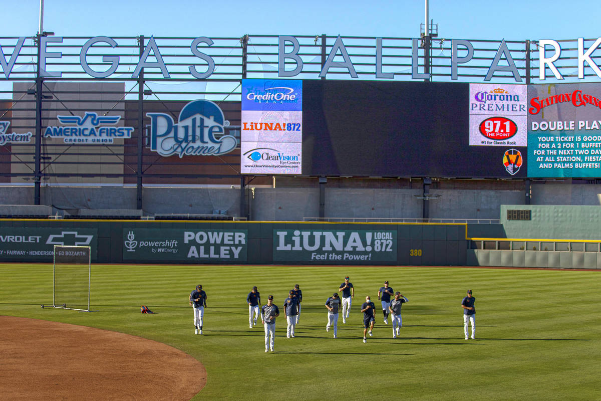 Aviators players warm up before the start of practice at Las Vegas Ballpark on Tuesday, May 4, ...