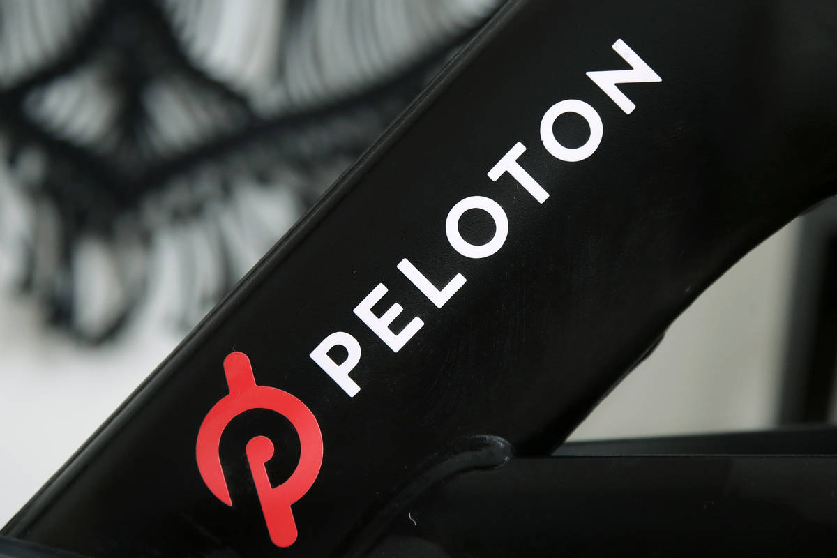 This Nov. 19, 2019 file photo shows a Peloton logo on the company's stationary bicycle in San F ...