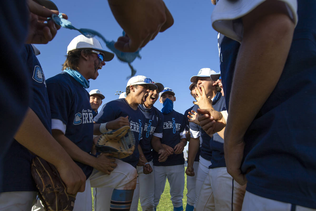 Centennial High School baseball players celebrate a win against Faith Lutheran on Thursday, Apr ...