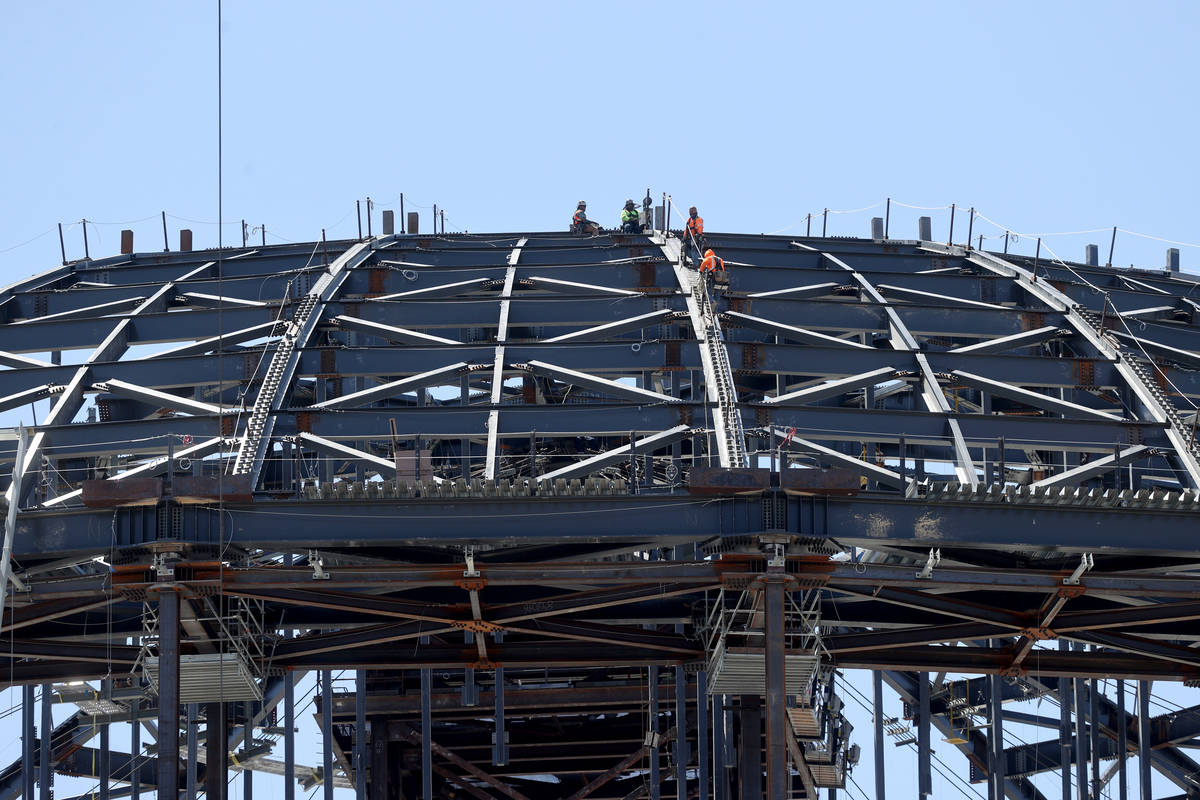 Workers at the MSG Sphere at the Venetian as the structure begins to take shape with the instal ...