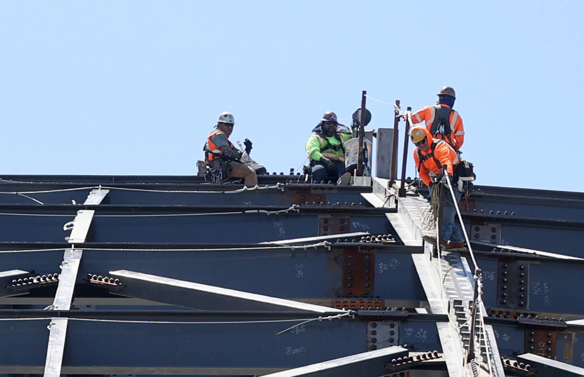 Workers at the MSG Sphere at the Venetian as the structure begins to take shape with the instal ...