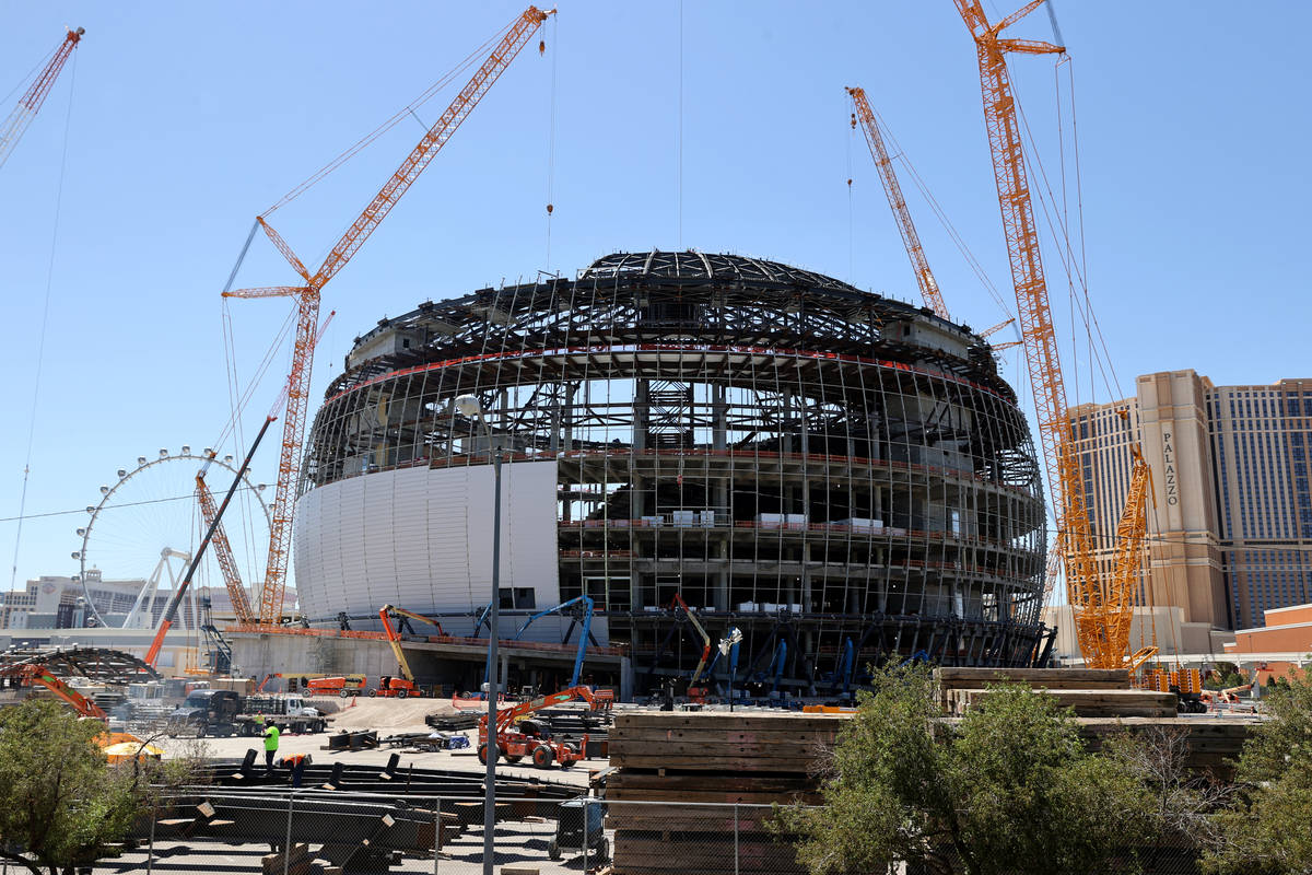 Workers at the MSG Sphere at the Venetian as the structure begins to take shape with the instal ...