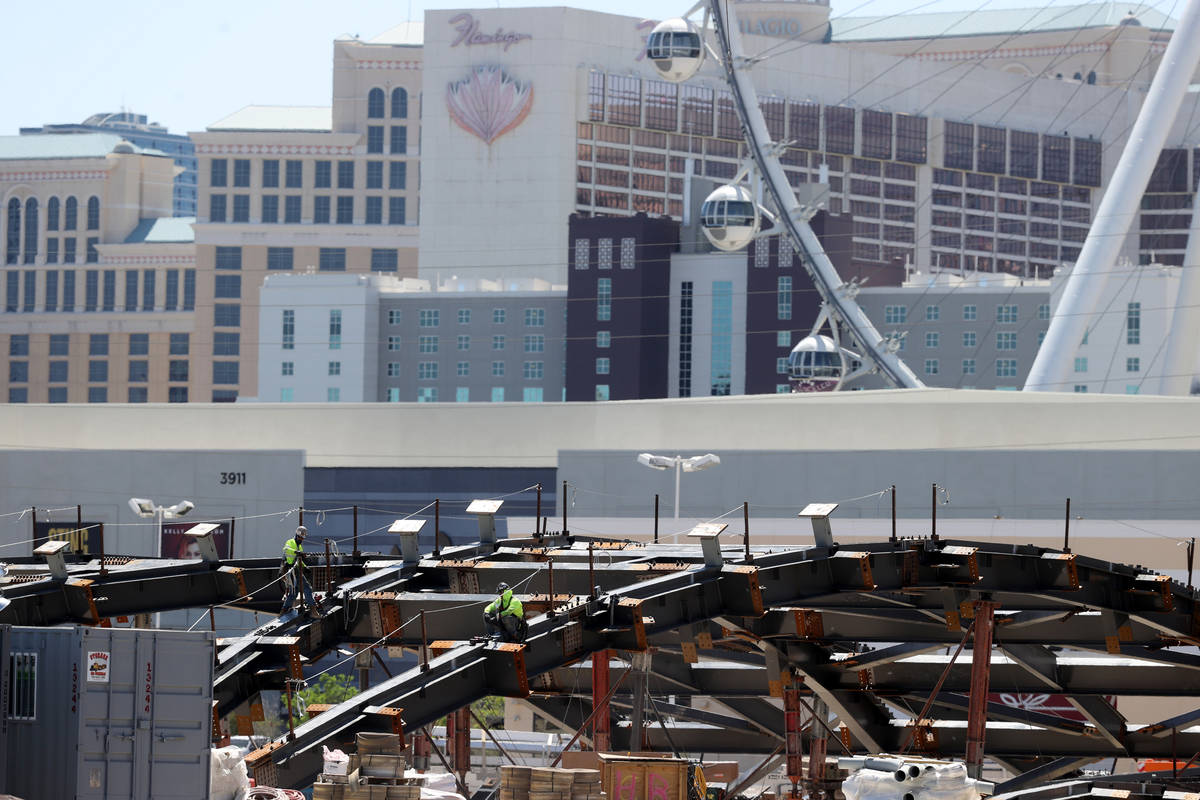 Workers at the MSG Sphere at the Venetian as the structure begins to take shape with the instal ...