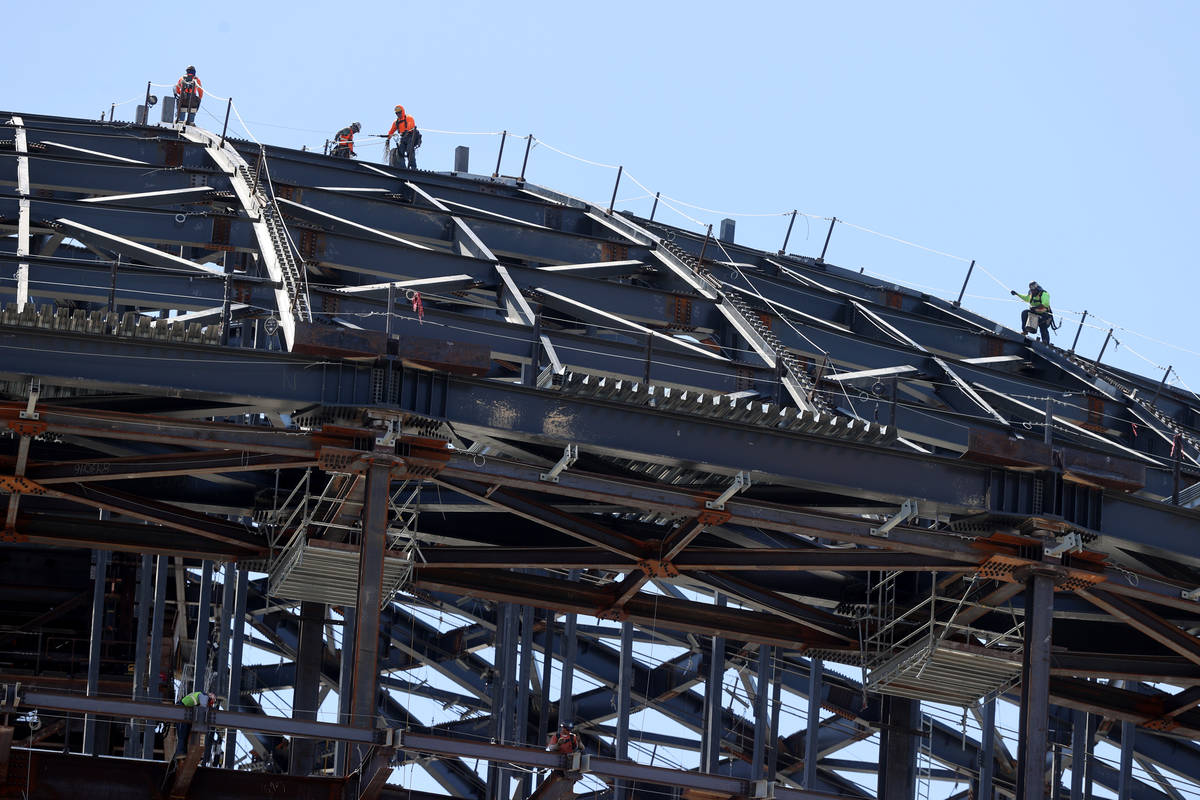 Workers at the MSG Sphere at the Venetian as the structure begins to take shape with the instal ...