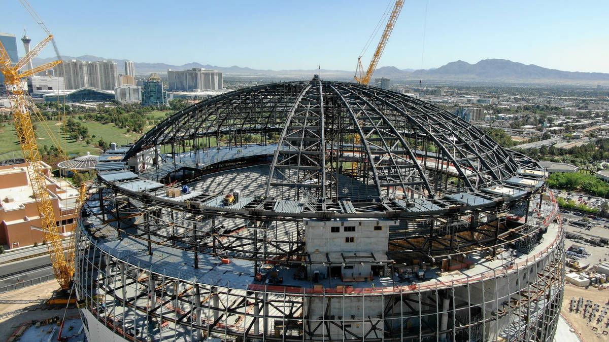 An aerial photo of the MSG Sphere at the Venetian as the structure begins to take shape with th ...