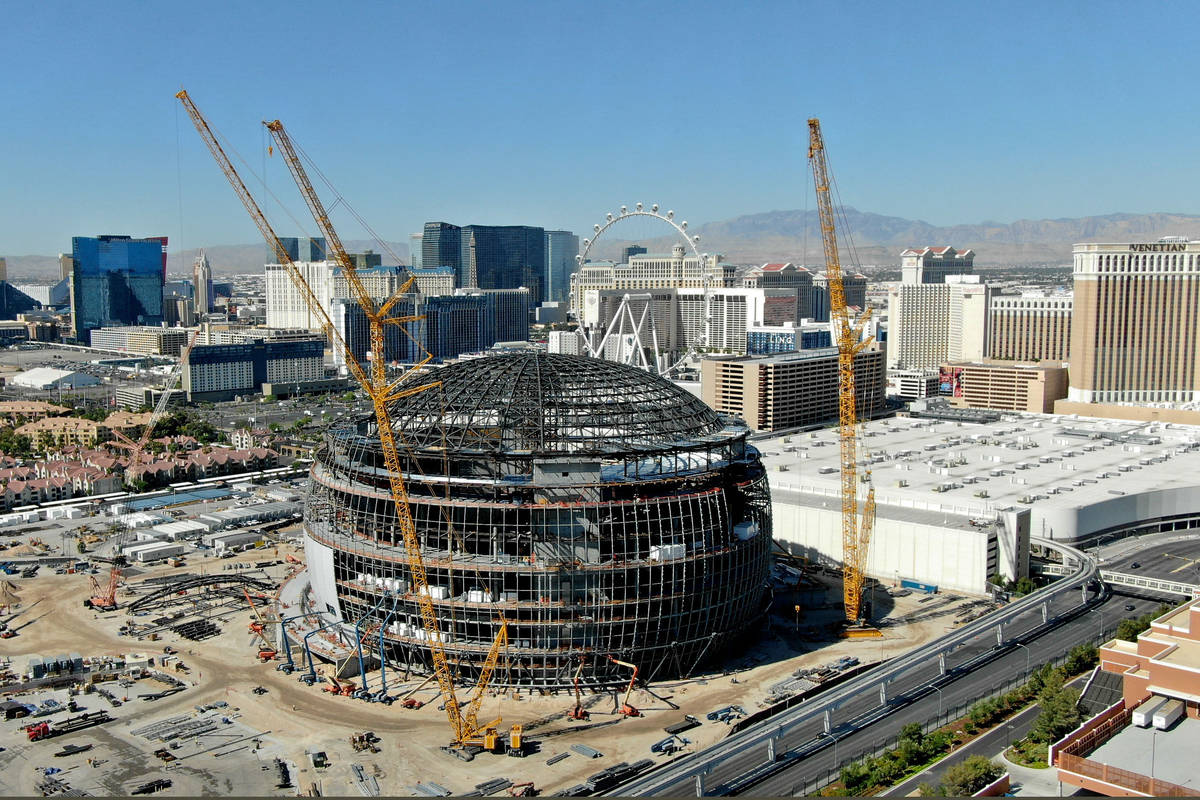 An aerial photo of the MSG Sphere at the Venetian as the structure begins to take shape with th ...