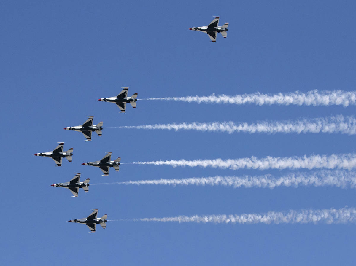 The Thunderbirds fly over Las Vegas on Monday, April 19, 2021. The team flew back to Nellis Air ...