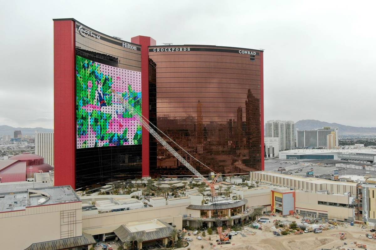An aerial photo of Resorts World Las Vegas under construction on the former site of the Stardus ...