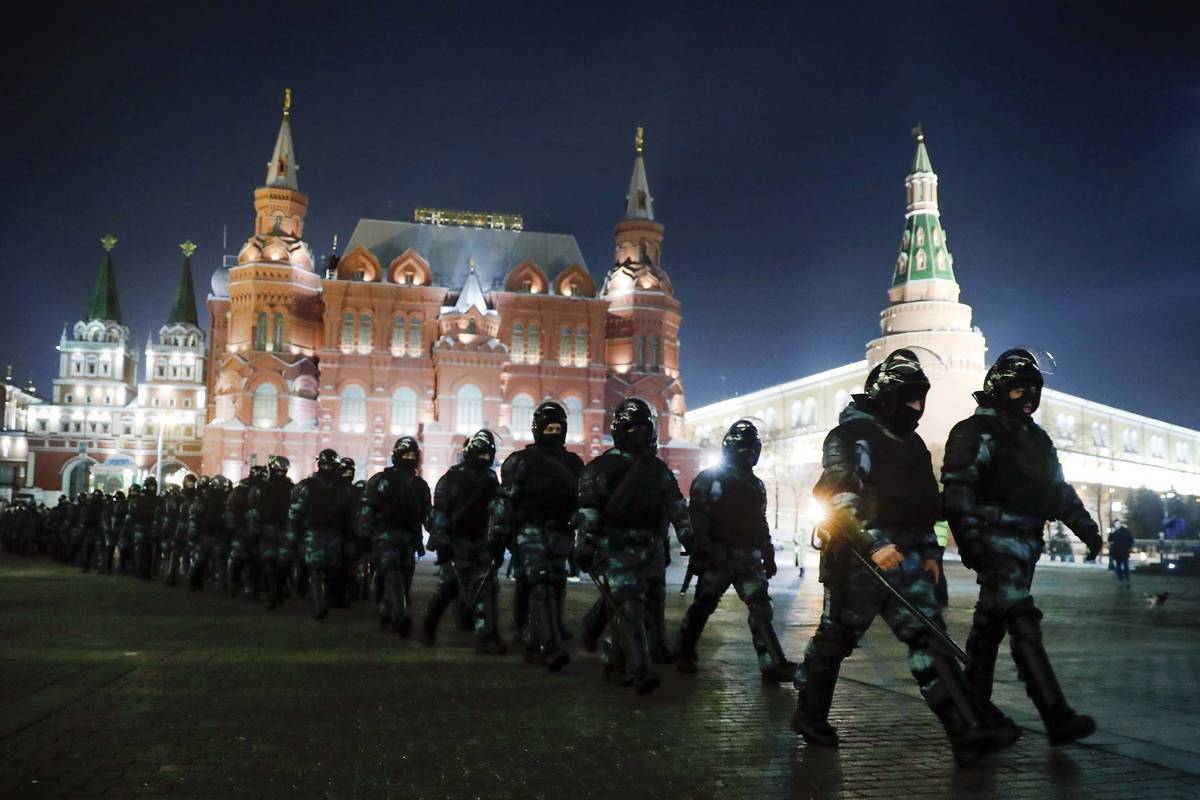Servicemen of the Russian National Guard (Rosgvardia) gather at the Red Square to prevent a pro ...