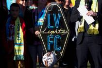 The Las Vegas Lights FC soccer team logo during an event to lay the first pieces of turf at Cas ...