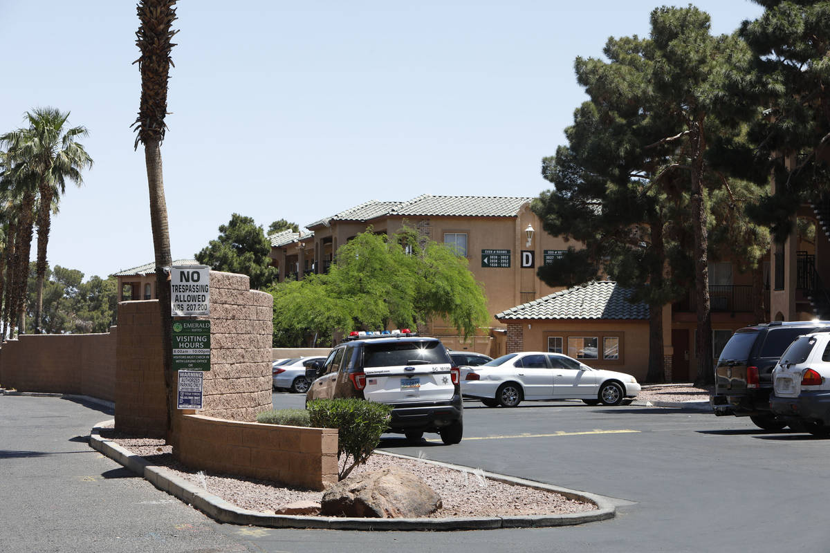 A Las Vegas police car is seen in Emerald Suites on Paradise Road in Las Vegas, Thursday, May 6 ...