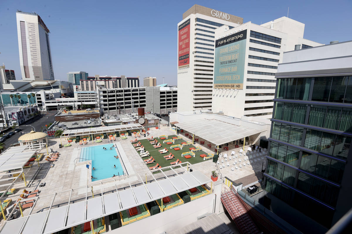 The 495-room Gallery Tower, right, at the Downtown Grand in Las Vegas Tuesday, Sept. 22, 2020. ...