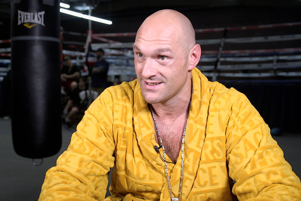 Heavyweight boxing fighter Tyson Fury is interviewed at the Top Rank gym in Las Vegas, Friday, ...