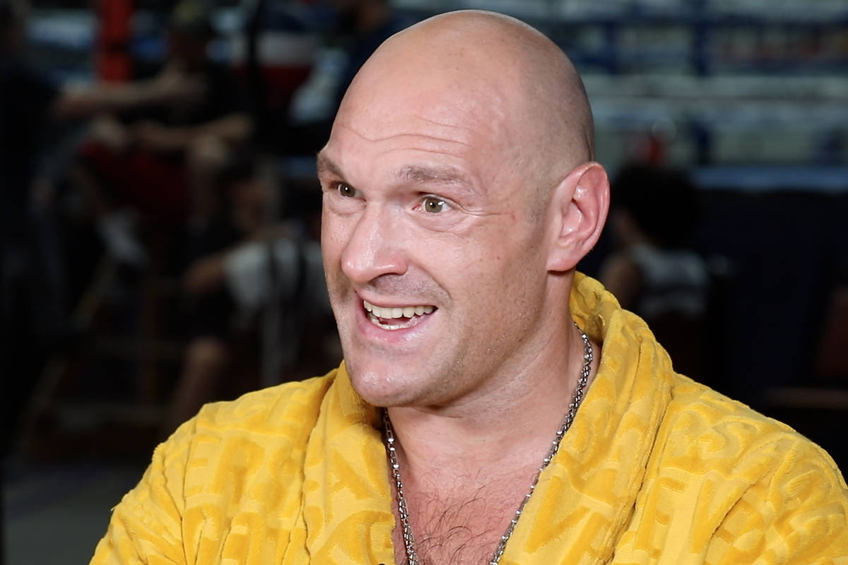 Heavyweight boxing fighter Tyson Fury is interviewed at the Top Rank gym in Las Vegas, Friday, ...