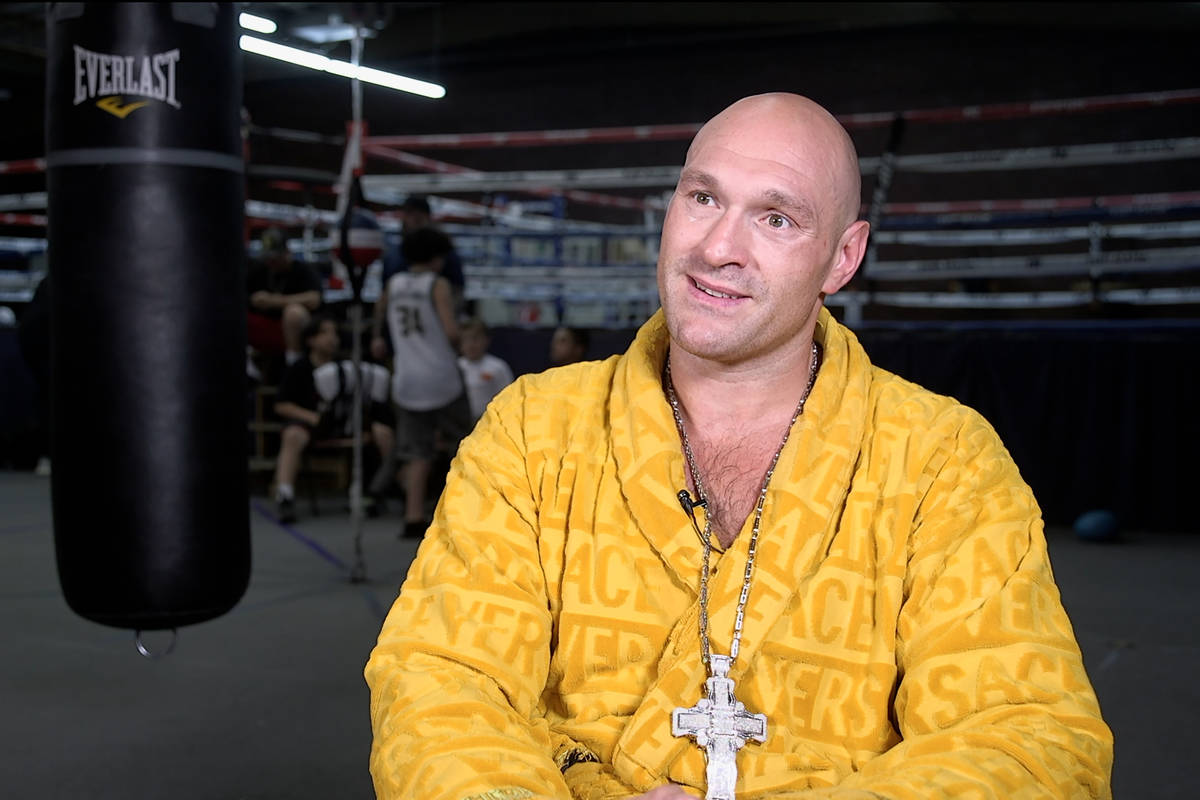 Heavyweight boxing fighter Tyson Fury is interviewed at the Top Rank gym in Las Vegas, Friday, ...