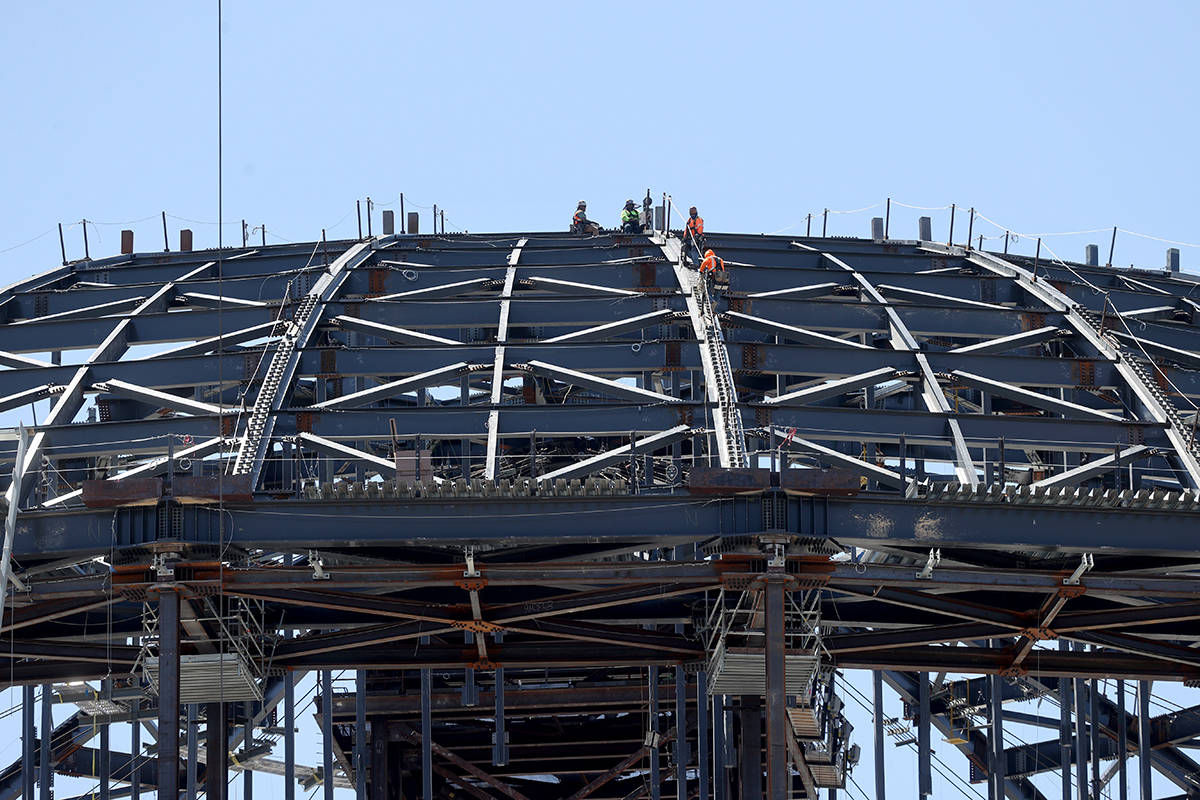 Workers at the MSG Sphere at the Venetian as the structure begins to take shape with the instal ...