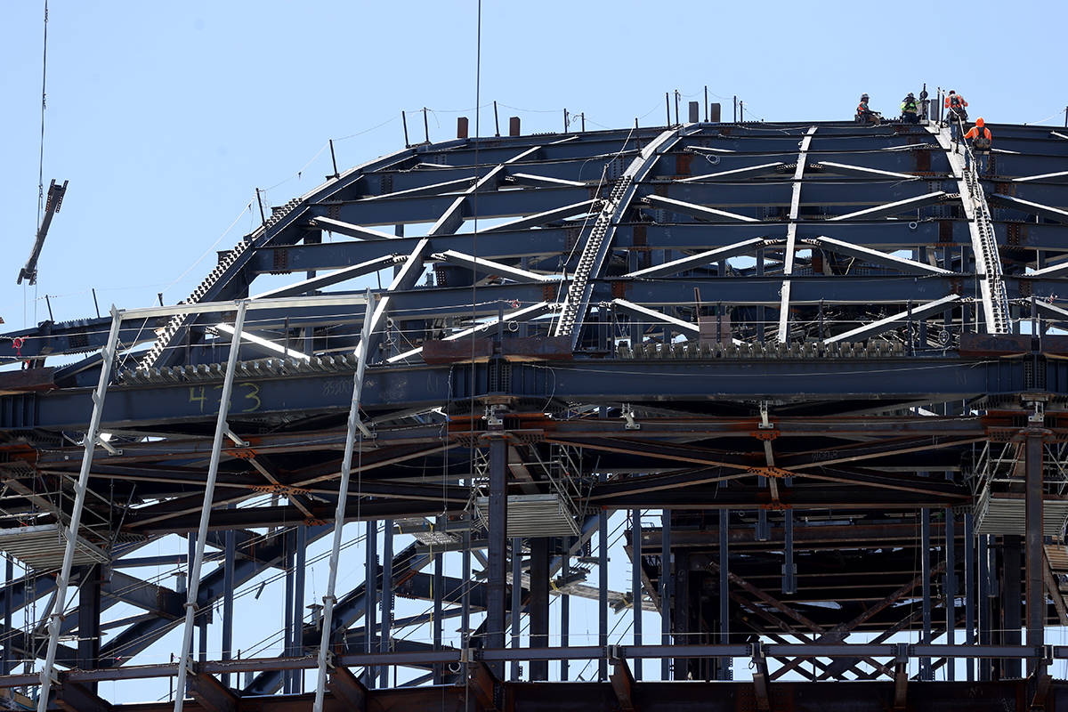 Workers at the MSG Sphere at the Venetian as the structure begins to take shape with the instal ...