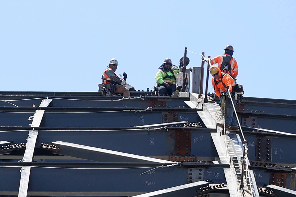Workers at the MSG Sphere at the Venetian as the structure begins to take shape with the instal ...