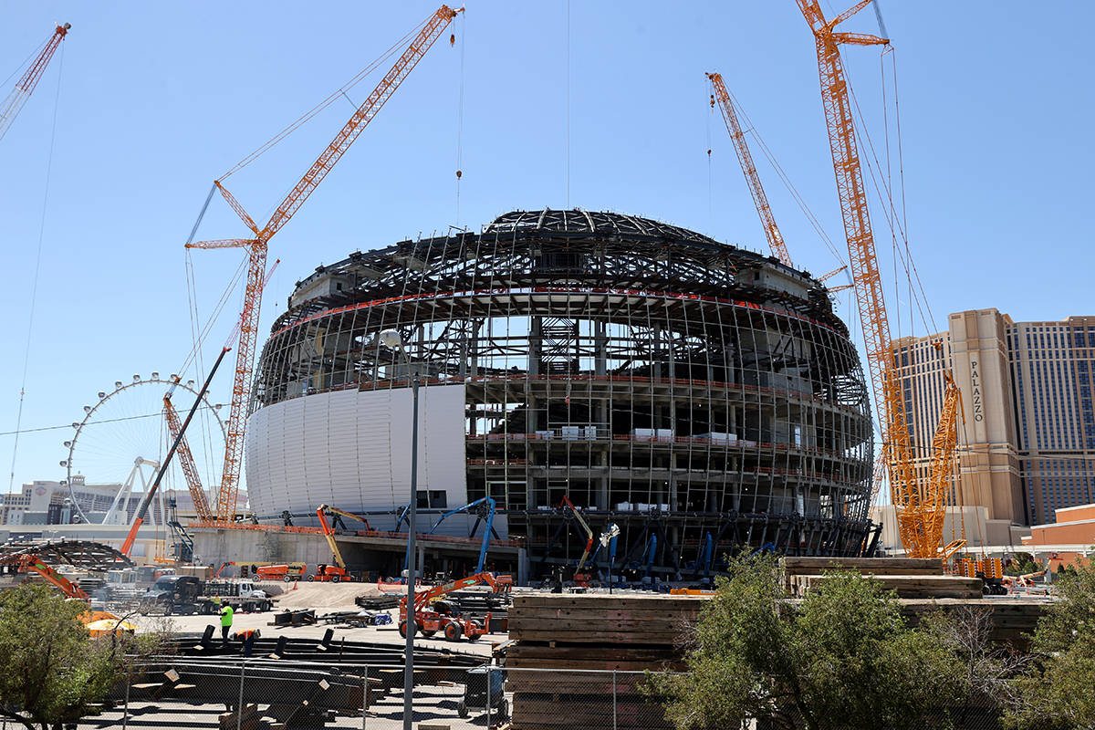 Workers at the MSG Sphere at the Venetian as the structure begins to take shape with the instal ...