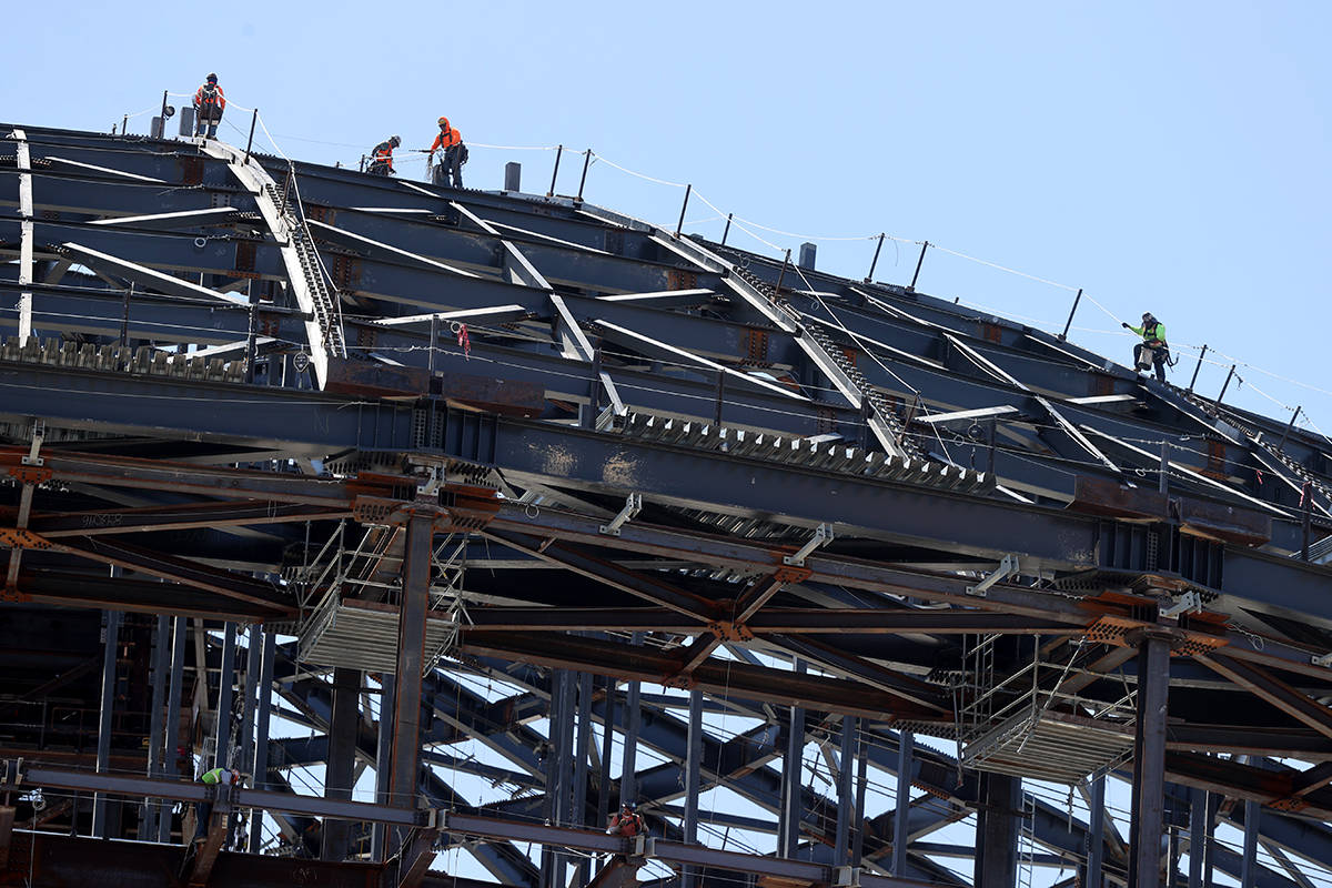 Workers at the MSG Sphere at the Venetian as the structure begins to take shape with the instal ...