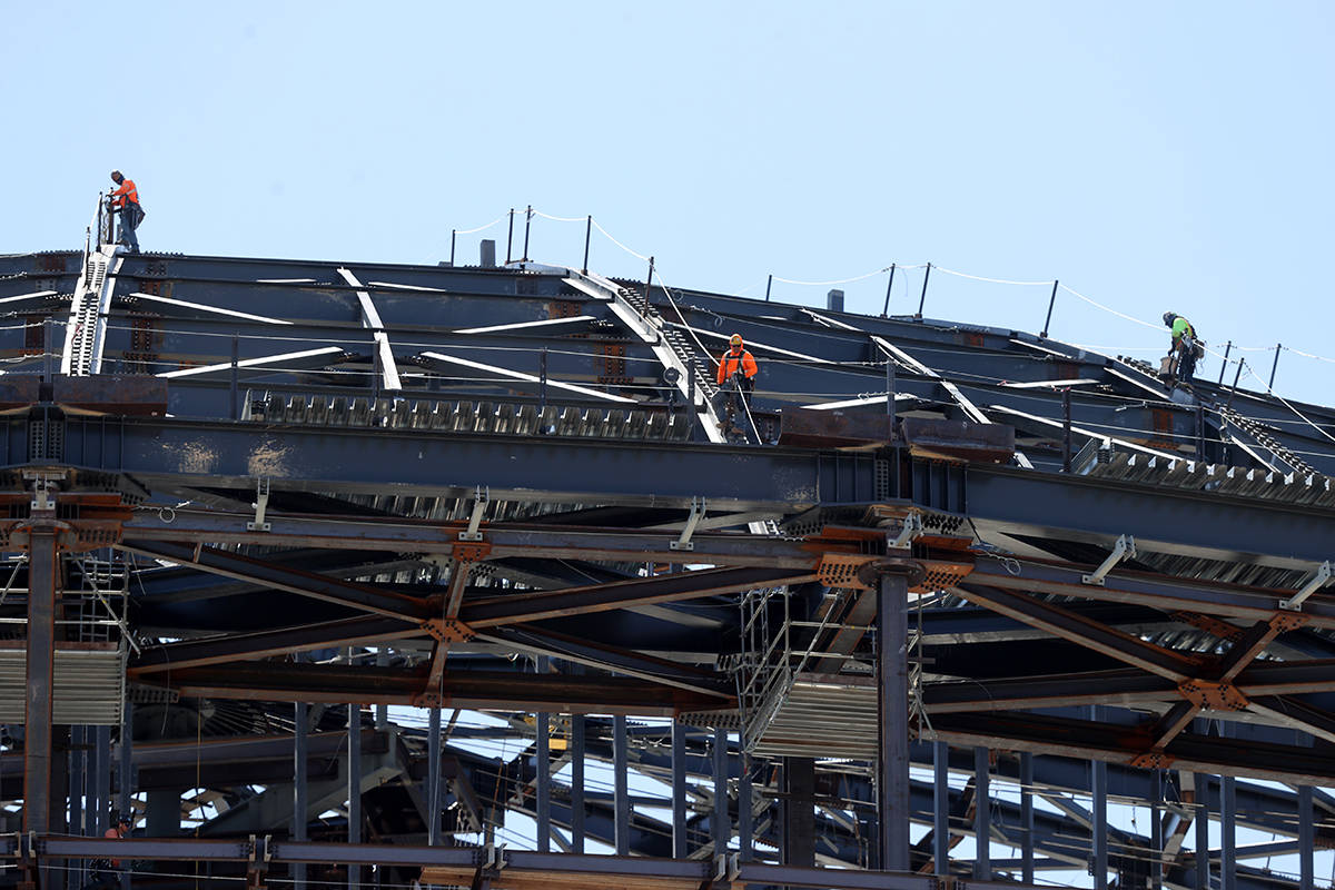 Workers at the MSG Sphere at the Venetian as the structure begins to take shape with the instal ...