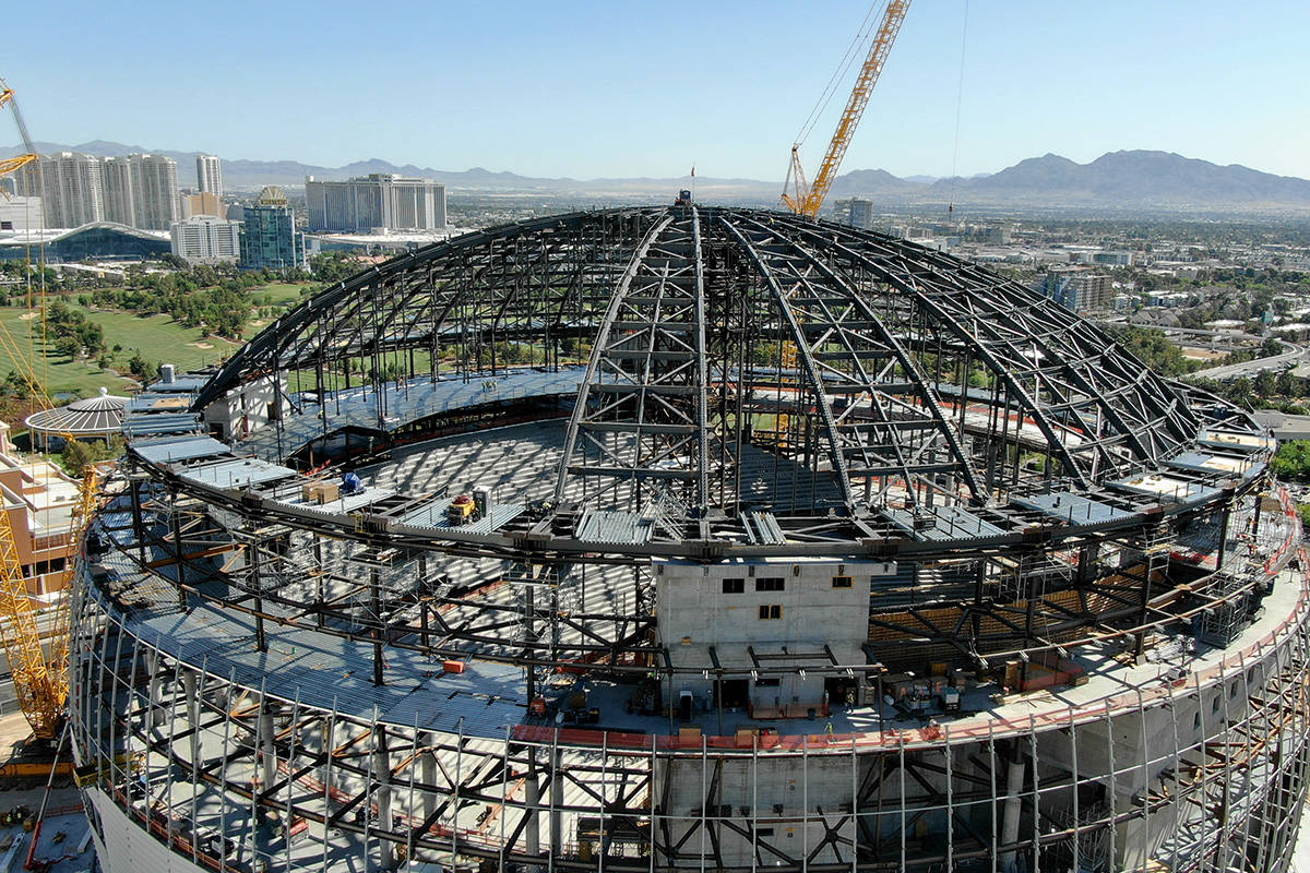 An aerial photo of the MSG Sphere at the Venetian as the structure begins to take shape with th ...