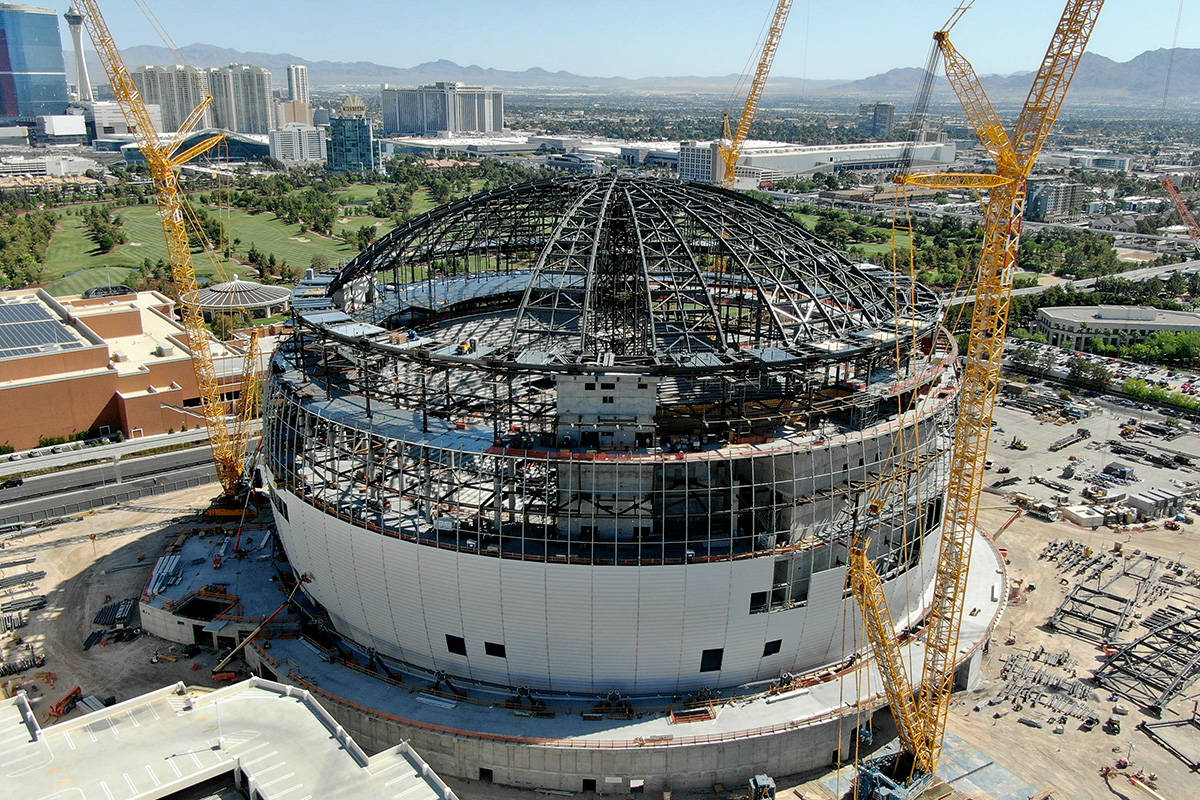 An aerial photo of the MSG Sphere at the Venetian as the structure begins to take shape with th ...