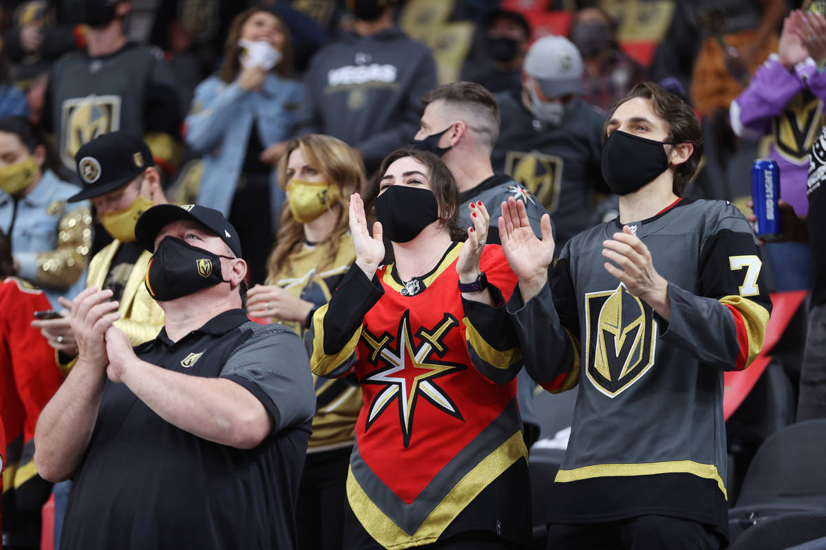 Vegas Golden Knights celebrate a score during the first period of an NHL game at the T-Mobile A ...