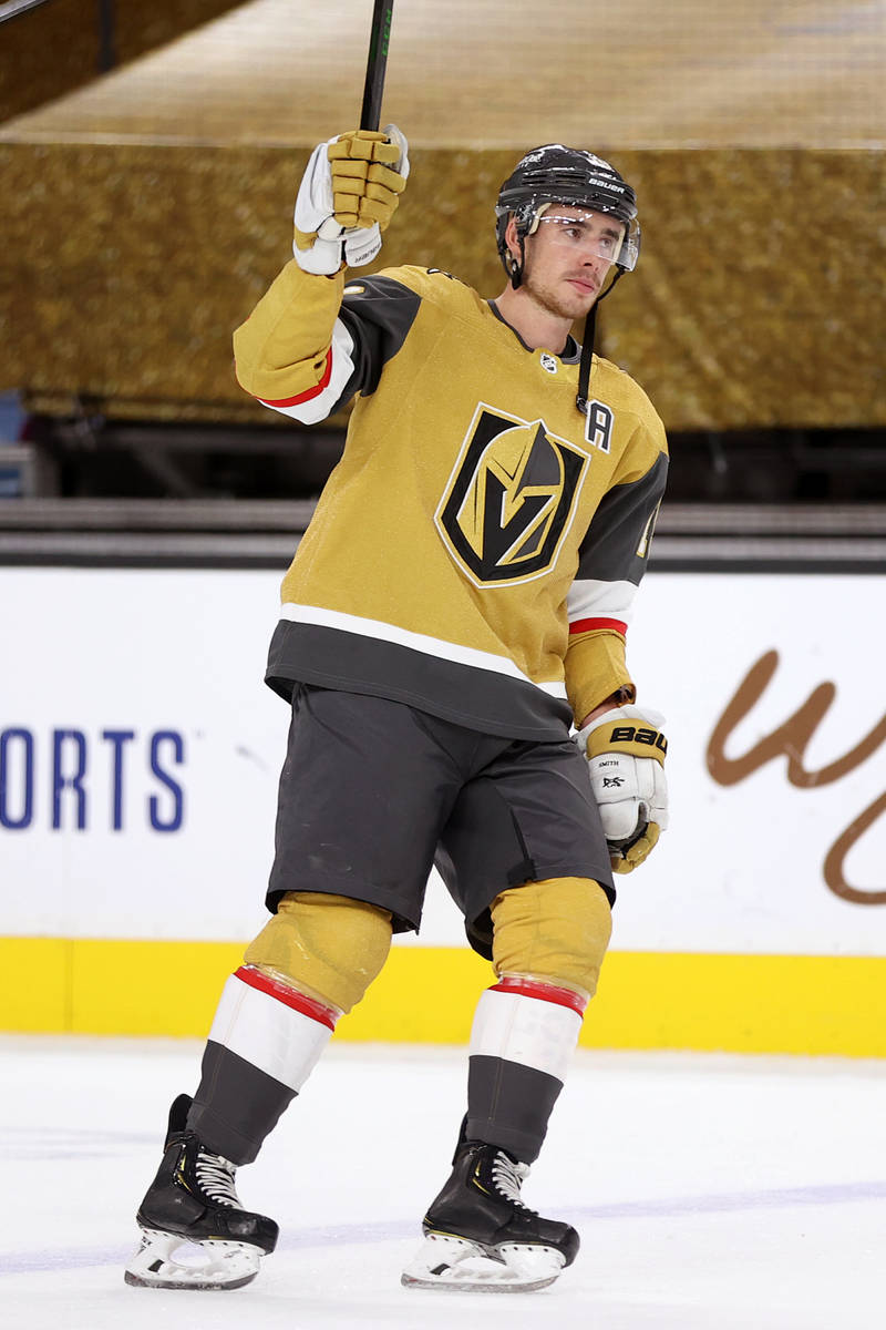 Vegas Golden Knights right wing Reilly Smith (19) is named a star of the game for his hat trick ...