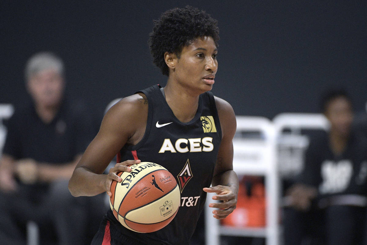 Las Vegas Aces forward Angel McCoughtry sets up a play during the first half of Game 5 of a WNB ...