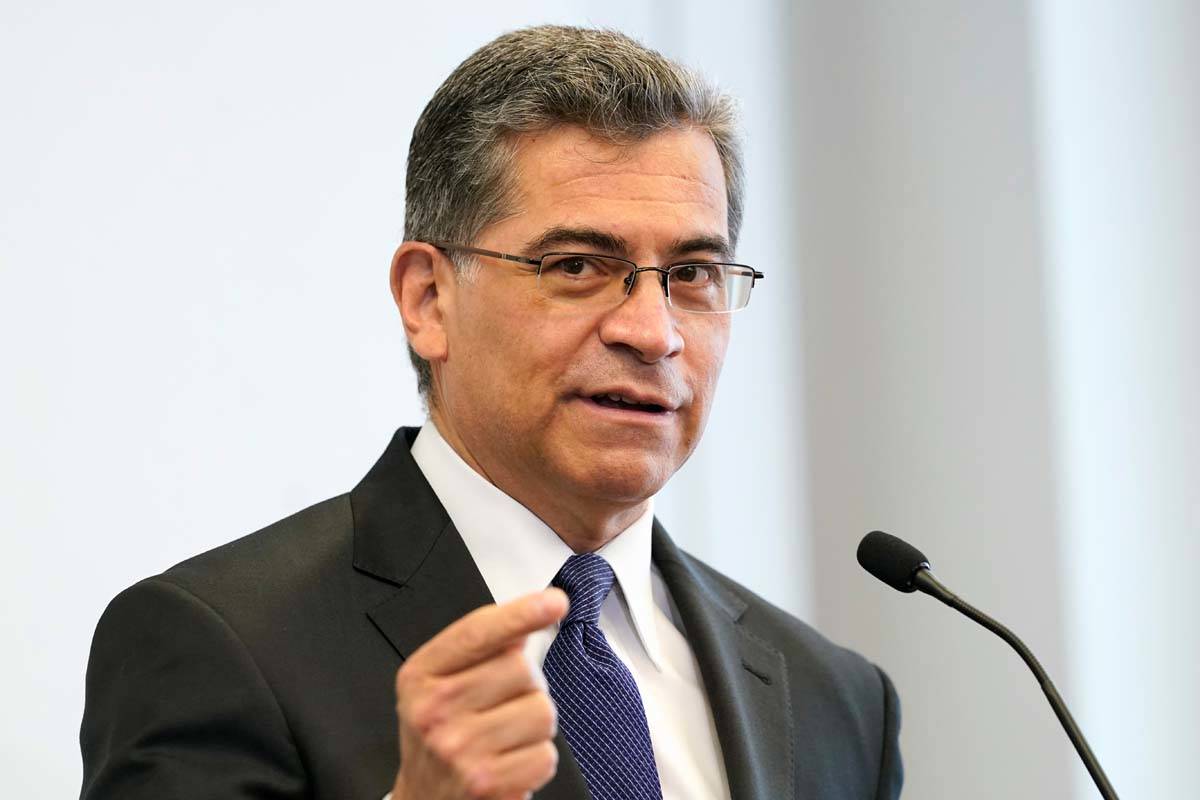 In this May 5, 2021 photo, Health and Human Services Secretary Xavier Becerra speaks at a healt ...