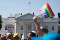 In this Sunday, June 11, 2017 file photo, Equality March for Unity and Pride participants march ...