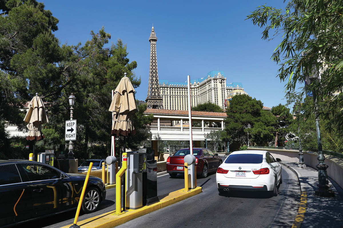 The self-parking garage entrance at the Bellagio in Las Vegas, Monday, May 10, 2021. (Rachel As ...