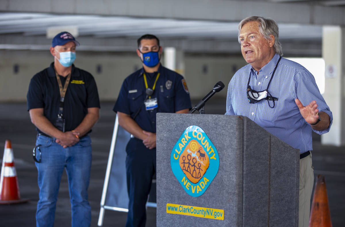 Commissioner Tick Segerblom speaks to the media as Southern Nevada Health District and Clark Co ...