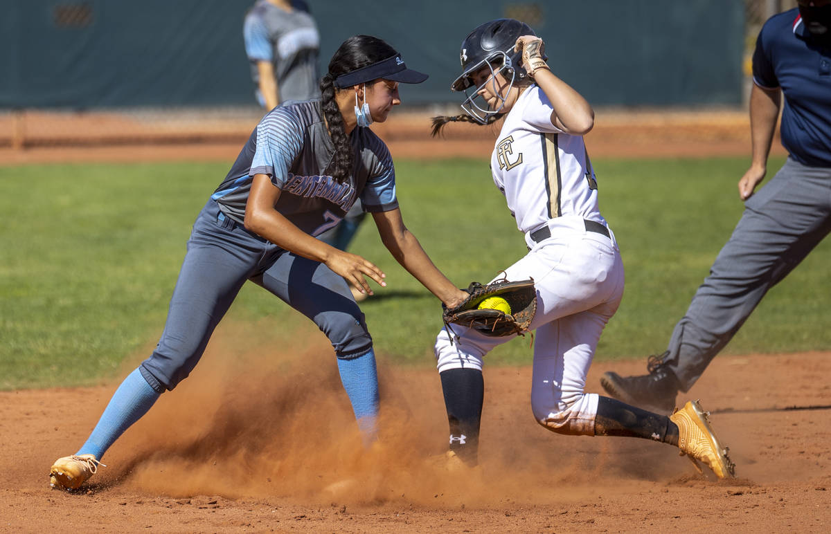 Centennial second baseman Adrian Powell (7) tags out Faith Lutheran runner McKenna Young (13) d ...