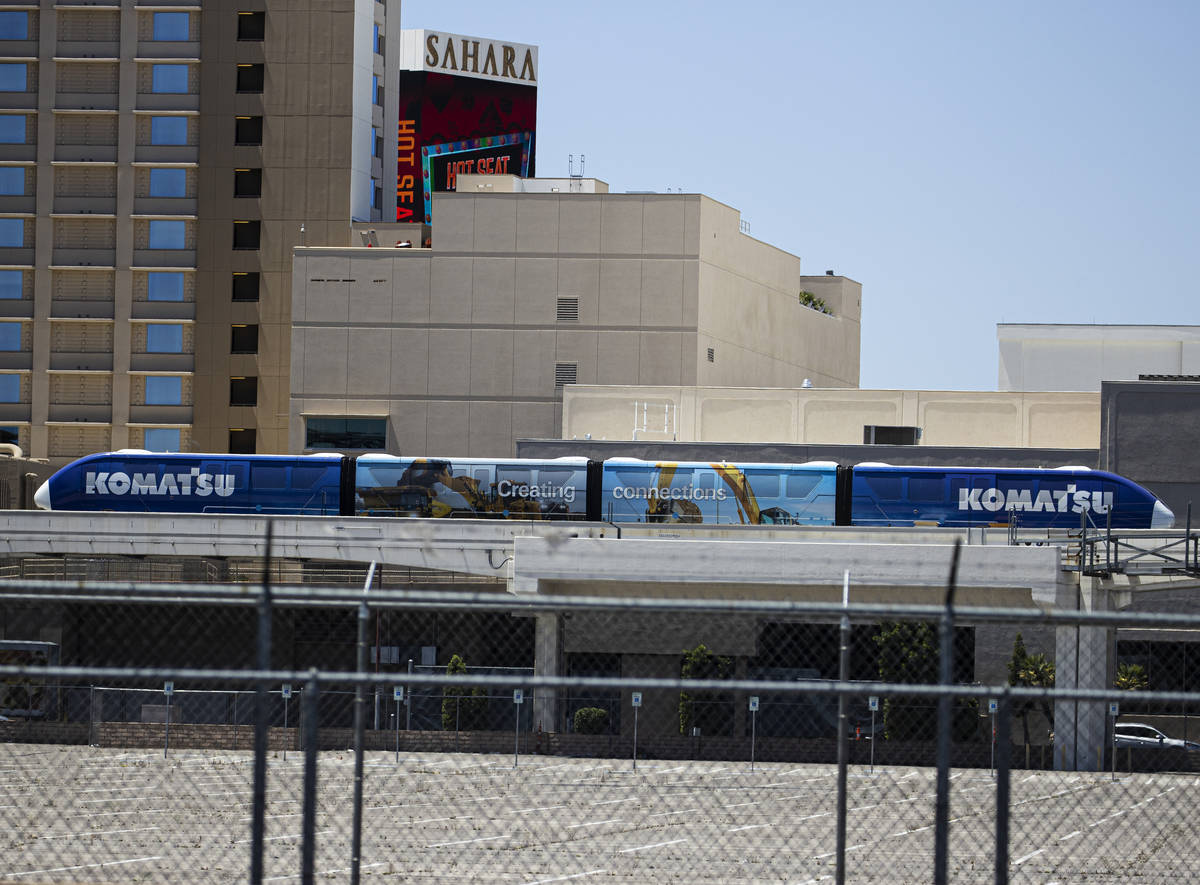 A Las Vegas Monorail is parked at Sahara stop, near Sahara Las Vegas, on Tuesday, May 11, 2021, ...