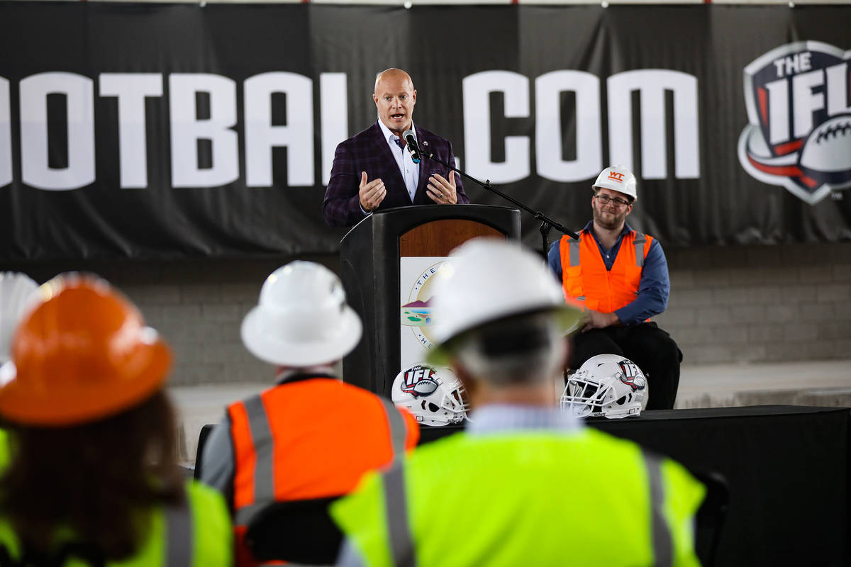 Indoor Football League Commissioner Todd Tryon addresses the audience at an event to announce t ...