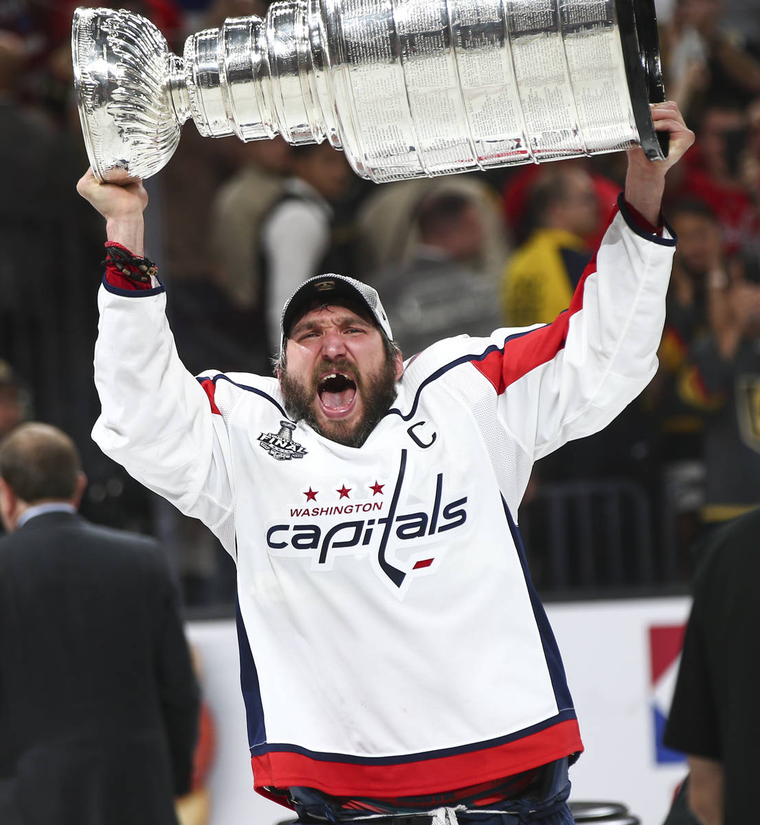 Washington Capitals left wing Alex Ovechkin (8) celebrates after defeating the Golden Knights i ...