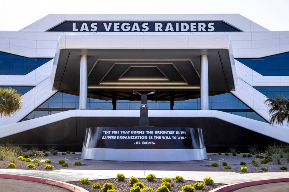 Front entrance of the Las Vegas Raiders headquarters on Wednesday, April 14, 2021 in Henderson. ...