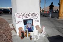 A makeshift memorial is seen at the intersection of North Nellis Boulevard and East Lake Mead P ...