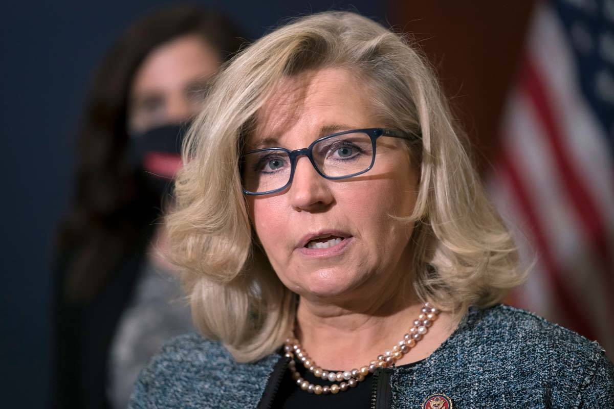 In this April 20, 2021, photo, House Republican Conference Chair Rep. Liz Cheney, R-Wyo., speak ...