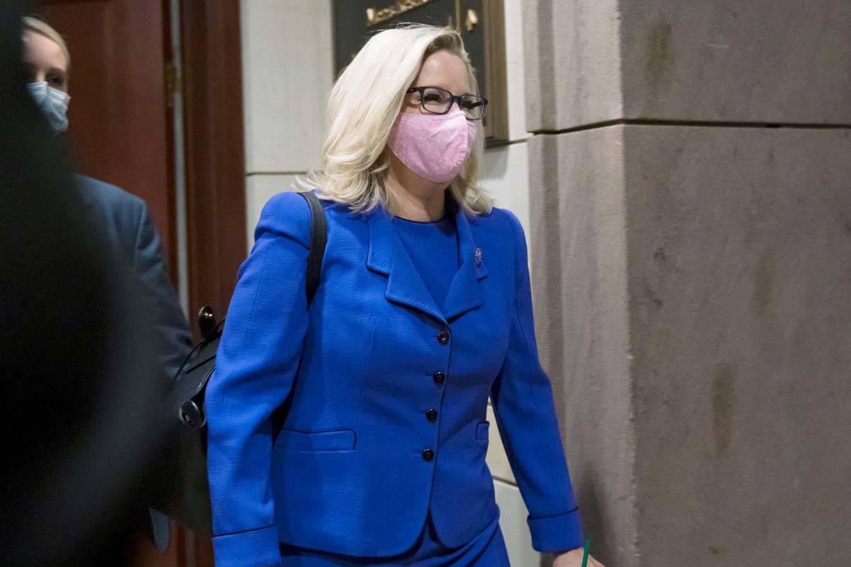 Rep. Liz Cheney, R-Wyo., arrives as House GOP members meet to decide whether she should be remo ...