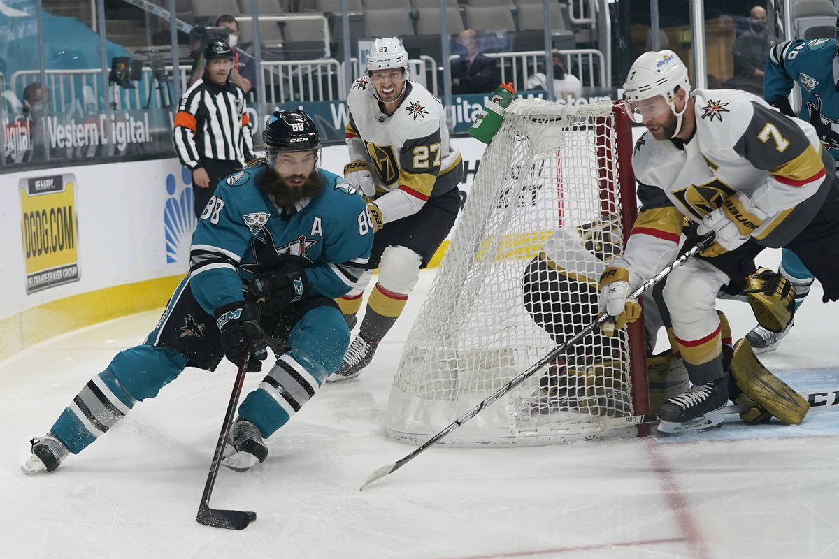 San Jose Sharks defenseman Brent Burns (88) skates against Vegas Golden Knights defenseman Shea ...
