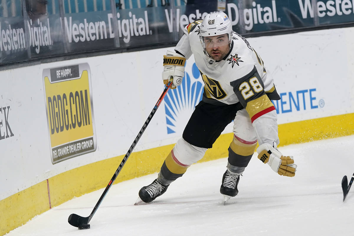 Vegas Golden Knights left wing William Carrier (28) skates with the puck during the second peri ...