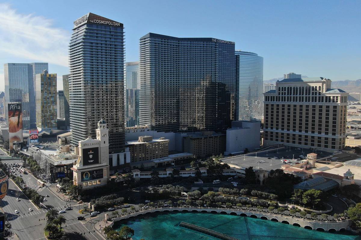 Aerial photo of the Cosmopolitan hotel casino as seen on Friday, January 24, 2020. (Michael Qui ...