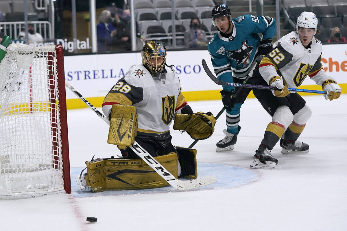 Vegas Golden Knights goaltender Marc-Andre Fleury (29) watches the puck during the third period ...